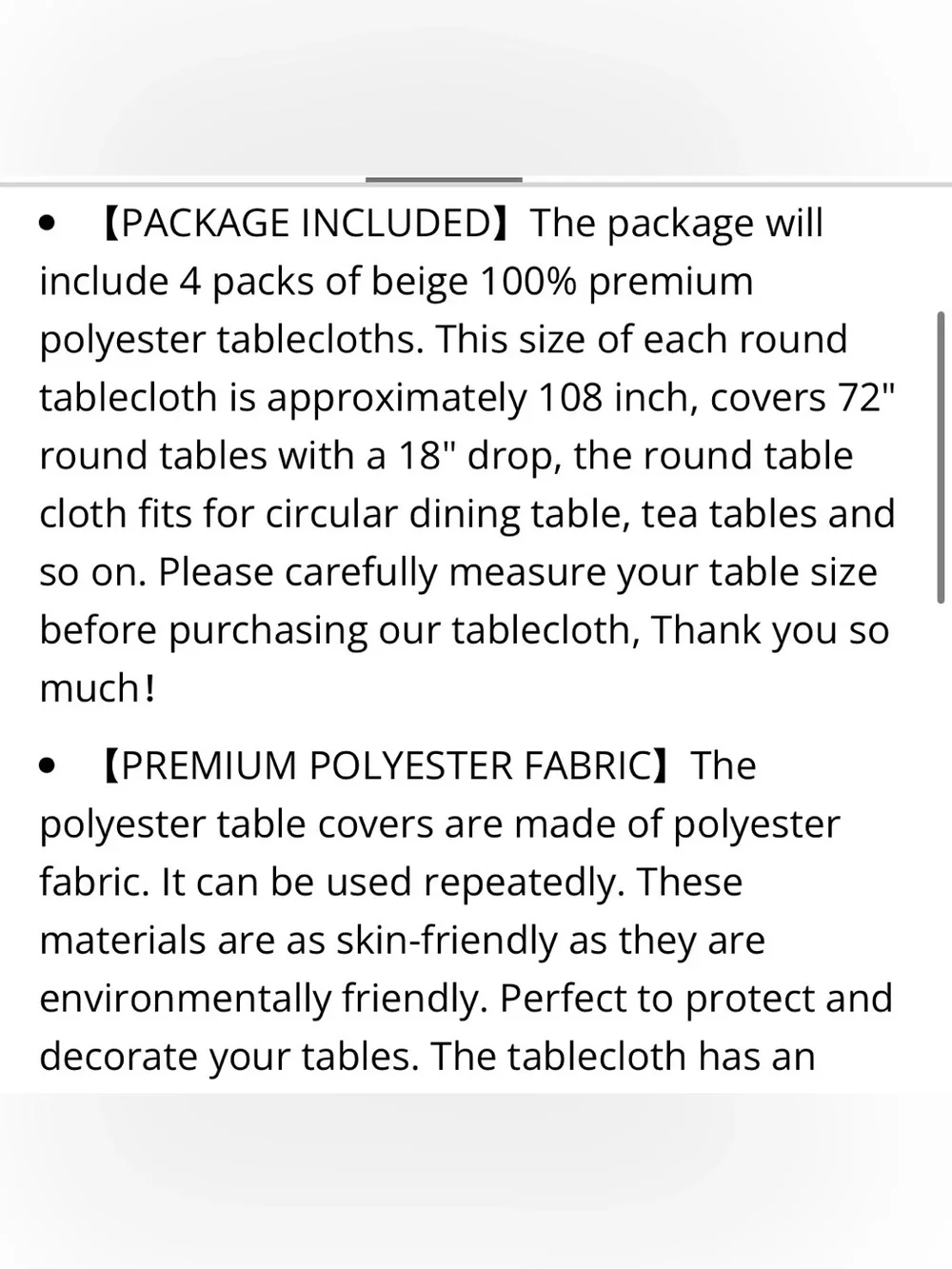 Classic Polyester Washable Tablecloth 108” Round (4-pack) CREAM
